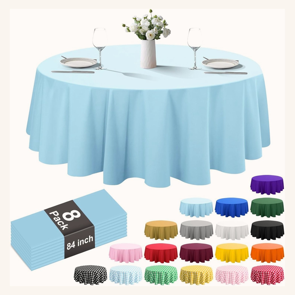 Round solid colour disposable tablecloth in light blue on an 84 inch table